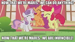 Size: 888x499 | Tagged: apple bloom, crusaders of the lost mark, cutie mark, cutie mark crusaders, derpibooru import, image macro, meme, safe, scootaloo, song reference, spongebob squarepants, sweetie belle, the cmc's cutie marks, the spongebob squarepants movie