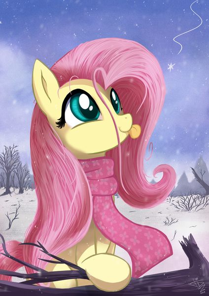 Size: 778x1100 | Tagged: safe, artist:fidzfox, derpibooru import, fluttershy, pegasus, pony, clothes, cute, looking at something, looking up, scarf, shyabetes, snow, snowfall, snowflake, solo, tongue out, winter