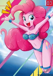 Size: 739x1055 | Tagged: suggestive, artist:the-butch-x, derpibooru import, pinkie pie, equestria girls, armpits, bandeau, beach, beach babe, belly button, bikini, bikini babe, blue swimsuit, bracelet, breasts, busty pinkie pie, cleavage, clothes, cute, cutie mark, cutie mark on equestria girl, diapinkes, female, frilled swimsuit, garter, garters, jumping, looking at you, ocean, open mouth, polka dot swimsuit, sexy, signature, smiling, solo, solo female, swimsuit, water, wet, wristband, x summer, x summer rework