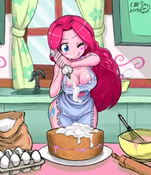 Size: 1428x1654 | Tagged: suggestive, artist:crimsonbugeye, derpibooru import, edit, pinkie pie, equestria girls, :p, apron, baking, bent over, blushing, breasts, busty pinkie pie, cake, candy, cleavage, clothes, creamy creamy frosting, cutie mark, cutie mark on equestria girl, egg (food), eqg recolor, female, flour, food, frosting, heart, icing bag, indoors, kitchen, lollipop, naked apron, plump, pony coloring, recolor, sexy, solo, solo female, tongue out