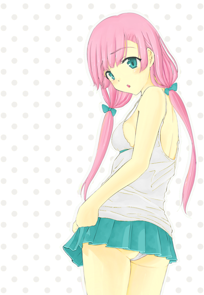 Size: 933x1350 | Tagged: suggestive, artist:d-tomoyo, derpibooru import, edit, fluttershy, equestria girls, alternate hairstyle, ass, blushing, bow, breasts, clothes, eqg recolor, female, flutterbutt, hair bow, panties, pigtails, recolor, ribbon, sexy, sideboob, skirt, skirt lift, skirt pull, solo, solo female, tanktop, underwear, upskirt, white underwear