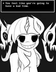 Size: 2500x3200 | Tagged: safe, artist:freefraq, derpibooru import, twilight sparkle, twilight sparkle (alicorn), alicorn, pony, bad time, black sclera, crossover, empty eyes, female, gaster blaster, grin, looking at you, mare, sans (undertale), smiling, solo, spoilers for another series, undertale