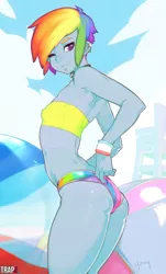 Size: 787x1300 | Tagged: suggestive, artist:doxy, derpibooru import, edit, rainbow dash, equestria girls, ass, beach, beach ball, bikini, breasts, canter calendar, clothes, delicious flat chest, eqg recolor, erect nipples, female, nipple outline, nudity, piercing, rainbow flat, recolor, self wedgie, small breasts, solo, solo female, swimsuit, wedgie