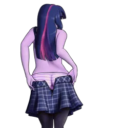 Size: 1280x1310 | Tagged: suggestive, artist:king-kakapo, derpibooru import, edit, twilight sparkle, equestria girls, ass, clothes, eqg recolor, female, panties, recolor, simple background, skirt, solo, solo female, stockings, striped underwear, topless, transparent background, underwear, undressing, unzipped, zipper