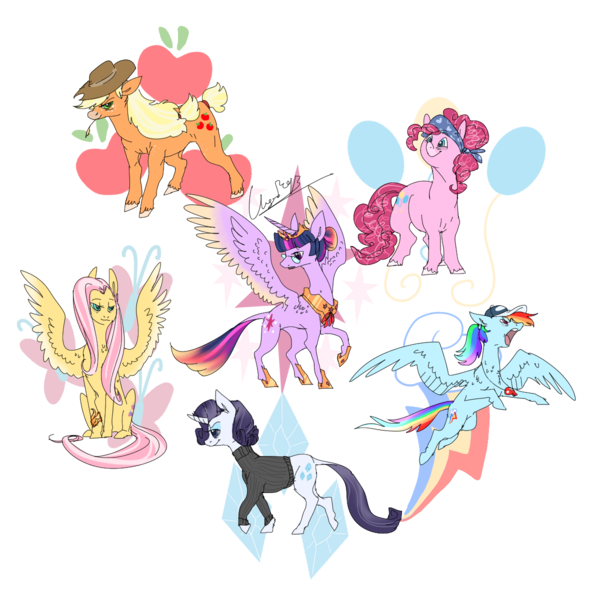 Size: 1200x1200 | Tagged: safe, artist:vergolophus, derpibooru import, applejack, fluttershy, pinkie pie, rainbow dash, rarity, twilight sparkle, twilight sparkle (alicorn), alicorn, pony, alternate hairstyle, female, mane six, mare, older