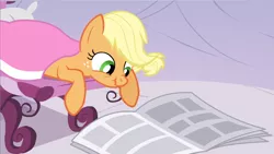 Size: 1280x720 | Tagged: safe, derpibooru import, screencap, applejack, pony, ponyville confidential, newspaper, nose wrinkle, reading, scrunchy face, silly, silly pony