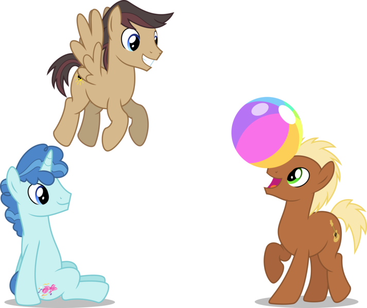 Size: 8909x7500 | Tagged: safe, artist:chainchomp2, derpibooru import, cool beans, meadow song, party favor, earth pony, pegasus, pony, unicorn, absurd resolution, ball, beach ball, male, simple background, sitting, stallion, transparent background, vector