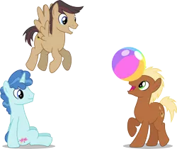 Size: 8909x7500 | Tagged: safe, artist:chainchomp2, derpibooru import, cool beans, meadow song, party favor, earth pony, pegasus, pony, unicorn, absurd resolution, ball, beach ball, male, simple background, sitting, stallion, transparent background, vector