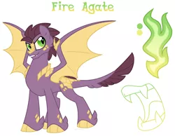 Size: 900x700 | Tagged: artist:faith-wolff, derpibooru import, dracony, faithverse, fangs, fire, green fire, hybrid, interspecies offspring, next generation, oc, oc:fire agate, offspring, parent:scootaloo, parent:spike, parents:scootaspike, reference sheet, safe, scales, simple background, solo, unofficial characters only, unshorn fetlocks, white background