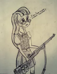 Size: 700x900 | Tagged: safe, artist:agm, derpibooru import, twilight sparkle, equestria girls, checklist, crying, glasses, gun, m1 garand, rifle, solo, traditional art, weapon