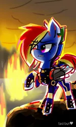 Size: 600x1000 | Tagged: alternate timeline, apocalypse dash, artist:sugaryumyum, crystal war timeline, derpibooru import, eye clipping through hair, prosthetics, rainbow dash, safe, solo, the cutie re-mark, torn ear