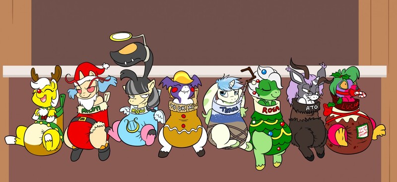 Size: 1280x589 | Tagged: artist:tato, christmas stocking, derpibooru import, diaper, diaper fetish, digimon, gatomon, hawlucha, mawile, milotic, oc, oc:gatopony, oc:hawluchapony, oc:mawilepony, oc:milotipony, oc:renapony, oc:rosa, oc:terrierpony, oc:tsukaipony, pacifier, pacifier gag, pokémon, ponified, poofy diaper, questionable, renamon, roserade, terriermon, tsukaimon, unofficial characters only