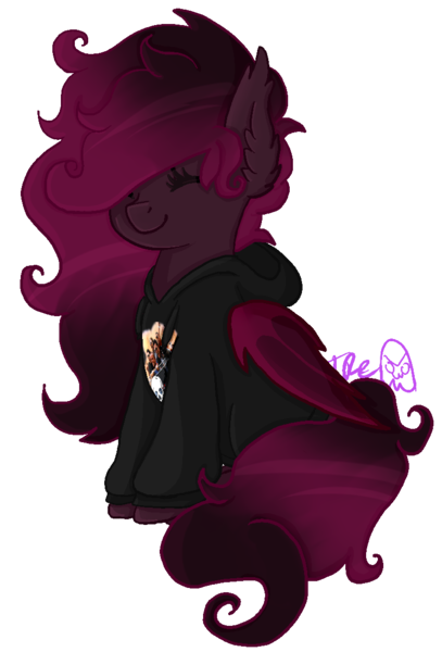 Size: 792x1169 | Tagged: safe, artist:ire, artist:spooky-kitteh, derpibooru import, oc, oc:strawberry swisher, unofficial characters only, bat pony, pony, clothes, cute, eyes closed, hoodie, jackass, simple background, sitting, smiling, sweater, transparent background