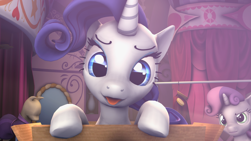 Size: 1920x1080 | Tagged: safe, artist:star-lightstarbright, derpibooru import, rarity, sweetie belle, pony, 3d, box, cute, glowing eyes, pony in a box, raribetes, source filmmaker