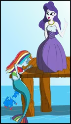 Size: 2011x3486 | Tagged: safe, artist:physicrodrigo, derpibooru import, part of a set, rainbow dash, rarity, human, mermaid, series:equestria mermaids, equestria girls, clothes, cosplay, costume, dress, duo, earfins, high res, jumping, mermaidized, midriff, necklace, ocean, part of a series, pier, species swap, story included, the little mermaid, torn clothes, vanessa