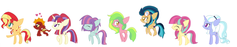 Size: 5000x1000 | Tagged: safe, artist:luckyclau, artist:xebck, derpibooru import, garble, indigo zap, lemon zest, moondancer, sour sweet, sugarcoat, sunny flare, sunset shimmer, ponified, alicorn, earth pony, pegasus, pony, unicorn, equestria girls, friendship games, absurd resolution, alicornified, alternate universe, equestria girls ponified, race swap, shadow five, shimmercorn, simple background, transparent background