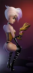 Size: 560x1210 | Tagged: artist:ltrm35a2, ass, boots, choker, clothes, corset, derpibooru import, earring, evening gloves, female, gilda, gloves, high heel boots, high heels, human, humanized, idol of boreas, latex, looking back, panties, piercing, shoes, smirk, solo, solo female, stiletto heels, suggestive, thigh boots, thong, underwear