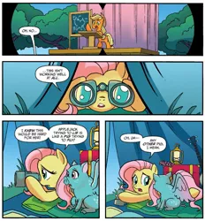 Size: 1291x1394 | Tagged: safe, artist:tonyfleecs, derpibooru import, idw, applejack, fluttershy, pigasus, spoiler:comic, spoiler:comicff23, binoculars, lantern, podium