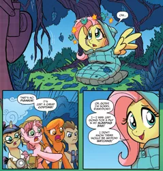 Size: 1318x1379 | Tagged: safe, artist:tonyfleecs, derpibooru import, idw, doctor whooves, fluttershy, nosey news, time turner, pony, spoiler:comic, spoiler:comicff23, circling stars, dizzy, lying, male, quill (character), shocked, stallion
