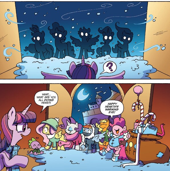 Size: 1377x1389 | Tagged: safe, artist:katiecandraw, derpibooru import, idw, applejack, cuppa joe, fluttershy, pinkie pie, rainbow dash, rarity, spike, twilight sparkle, twilight sparkle (alicorn), alicorn, pony, spoiler:comic, spoiler:comicholiday2015, faic, female, mane seven, mane six, mare