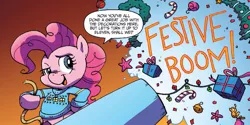 Size: 1367x684 | Tagged: artist:katiecandraw, derpibooru import, descriptive noise, idw, meme, party cannon, pinkie pie, safe, spoiler:comic, spoiler:comicholiday2015