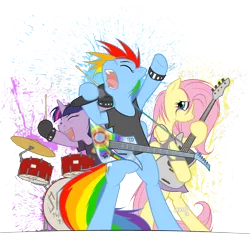 Size: 2600x2600 | Tagged: safe, artist:cobaltsnow, derpibooru import, fluttershy, rainbow dash, twilight sparkle, pegasus, pony, unicorn, bass guitar, clothes, drums, eyes closed, female, guitar, heavy metal, mare, musical instrument, open mouth, rock, rock (music), simple background, transparent background