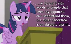 Size: 800x500 | Tagged: safe, derpibooru import, edit, edited screencap, screencap, twilight sparkle, twilight sparkle (alicorn), alicorn, pony, the cutie re-mark, caption, female, image macro, mare, open mouth, podium, politics, solo, speech, vulgar