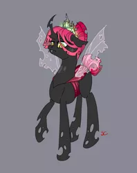 Size: 720x911 | Tagged: artist:sourcherry, changeling, changeling queen, changeling queen oc, crown, derpibooru import, female, gray background, oc, pink changeling, safe, simple background, unofficial characters only
