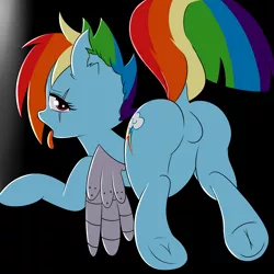 Size: 3000x3000 | Tagged: suggestive, artist:twistedscarlett60, derpibooru import, edit, rainbow dash, the cutie re-mark, alternate timeline, apocalypse dash, barbie doll anatomy, crystal war timeline, dock, featureless crotch, female, frog (hoof), plot, scar, sfw edit, solo, solo female, tongue out, underhoof