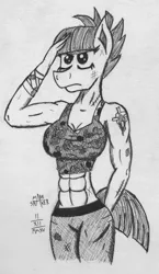 Size: 682x1172 | Tagged: abs, alternate hairstyle, alternate timeline, anthro, apocalypse maud, artist:mane-shaker, breasts, busty maud pie, cameo, camouflage, crystal war timeline, derpibooru import, female, maud pie, monochrome, scar, solo, suggestive, the cutie map, the cutie re-mark, traditional art