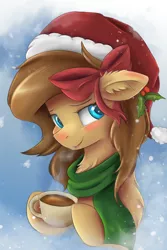 Size: 2400x3600 | Tagged: safe, artist:ardail, derpibooru import, oc, oc:mocha latte, unofficial characters only, earth pony, pony, blushing, chest fluff, christmas, clothes, coffee, cup, cute, ear fluff, female, floppy ears, food, mare, open mouth, scarf, solo