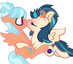 Size: 467x411 | Tagged: safe, artist:berrypunchrules, derpibooru import, frosty orange, indigo zap, ponified, pegasus, pony, equestria girls, friendship games, background human, blushing, equestria girls ponified, female, frostyzap, kissing, lesbian, shipping, simple background, transparent background