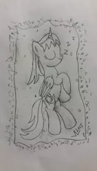 Size: 2988x5312 | Tagged: safe, artist:parclytaxel, derpibooru import, oc, oc:parcly taxel, unofficial characters only, alicorn, pony, alicorn oc, eyes closed, lineart, monochrome, parcly in south korea, pencil drawing, rock salt bed, seoul, sleeping, solo, south korea, story included, traditional art, yongsan, zzz