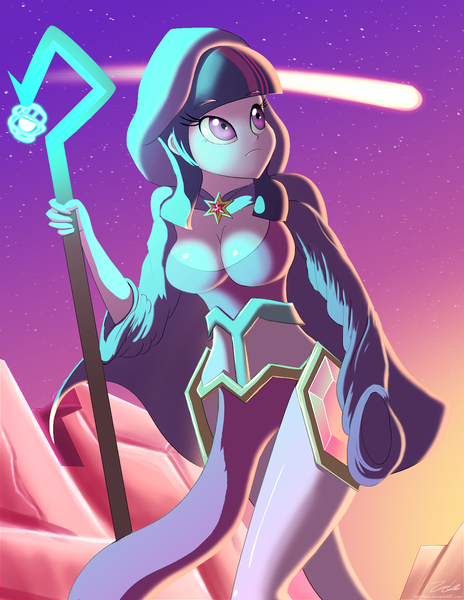 Size: 1275x1650 | Tagged: suggestive, artist:zelc-face, derpibooru import, twilight sparkle, equestria girls, armor, breasts, busty twilight sparkle, cape, cleavage, clothes, element of magic, female, light, loincloth, mage, robe, shooting star, signature, solo, solo female, staff