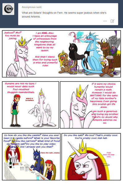 Size: 1403x2120 | Tagged: source needed, useless source url, safe, artist:redanon, derpibooru import, idw, baast, princess celestia, princess luna, oc, oc:femanon, bat pony, breezie, diamond dog, dragon, gryphon, human, pony, unicorn, yak, bast, bastet, comic, jealous, king solaris, prince artemis, prince solaris, princess, rule 63, tumblr