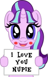 Size: 908x1449 | Tagged: safe, artist:nupiethehero, derpibooru import, starlight glimmer, oc, pony, unicorn, blushing, canon x oc, cute, female, glimmerbetes, holding, male, mare, open mouth, shipping, show accurate, sign, solo, straight