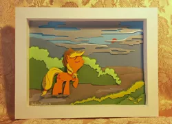 Size: 1383x1000 | Tagged: safe, artist:satynapaper, derpibooru import, applejack, craft, irl, papercraft, photo, shadowbox, solo