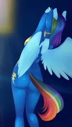 Size: 673x1188 | Tagged: anthro, artist:chiweee, ass, breasts, derpibooru import, female, rainbow dash, rainbutt dash, skintight clothes, solo, solo female, stretching, suggestive, wonderbolts uniform