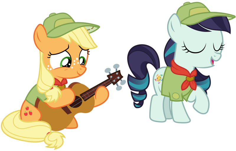 Size: 10000x6400 | Tagged: absurd resolution, acoustic guitar, adobe illustrator, applejack, artist:mpnoir, camp friendship, clothes, coloratura, derpibooru import, eyes closed, filly applejack, guitar, hat, musical instrument, playing, raised hoof, rara, request, safe, scout, simple background, singing, sitting, .svg available, the mane attraction, transparent background, vector