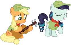 Size: 10000x6400 | Tagged: absurd resolution, acoustic guitar, adobe illustrator, applejack, artist:mpnoir, camp friendship, clothes, coloratura, derpibooru import, eyes closed, filly applejack, guitar, hat, musical instrument, playing, raised hoof, rara, request, safe, scout, simple background, singing, sitting, .svg available, the mane attraction, transparent background, vector