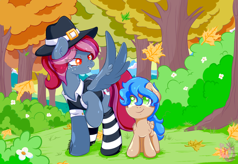 Size: 1580x1087 | Tagged: artist:shadowhulk, clothes, commission, derpibooru import, equestria daily mascots, hat, leaves, mascot, oc, oc:rocket tier, oc:spotlight splash, safe, socks, striped socks, unofficial characters only