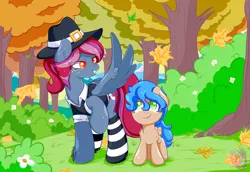 Size: 1580x1087 | Tagged: artist:shadowhulk, clothes, commission, derpibooru import, equestria daily mascots, hat, leaves, mascot, oc, oc:rocket tier, oc:spotlight splash, safe, socks, striped socks, unofficial characters only