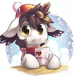 Size: 887x900 | Tagged: artist:xennos, clothes, cute, derpibooru import, floppy ears, hat, mug, oc, oc:prince aurora, safe, scarf, smiling, solo, trinity: rebirth, unofficial characters only