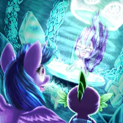 Size: 300x300 | Tagged: safe, artist:dragolina01, derpibooru import, spike, starlight glimmer, twilight sparkle, twilight sparkle (alicorn), alicorn, pony, the cutie re-mark, crystal castle, female, glowing horn, levitation, magic, mare, scene interpretation, self-levitation, telekinesis