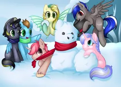 Size: 3498x2502 | Tagged: safe, artist:kinga, derpibooru import, oc, oc:bassy, oc:gliding, oc:intrepid charm, oc:ocean pixel, oc:silver thread, oc:truenugget, unofficial characters only, aquapony, pegasus, pony, unicorn, female, group pic, male, playing, seapegasus, snow, snowpony, winter