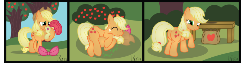 Size: 4515x1198 | Tagged: questionable, semi-grimdark, artist:bronzepony, derpibooru import, apple bloom, applejack, earth pony, pony, apple, belly, butt, butt touch, chubby, death, digestion, fat, fat fetish, fetish, food, hoof on butt, implied pooping, plot, predajack, stomach noise, tree, vore, weight gain