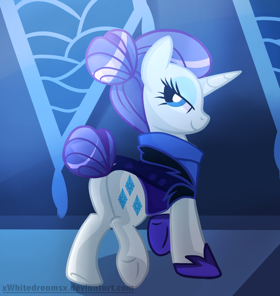 Size: 1175x1244 | Tagged: safe, artist:xwhitedreamsx, derpibooru import, rarity, pony, unicorn, the cutie re-mark, alternate timeline, bedroom eyes, clothes, female, looking at you, mare, night maid rarity, nightmare takeover timeline, plot, smiling, solo, underhoof