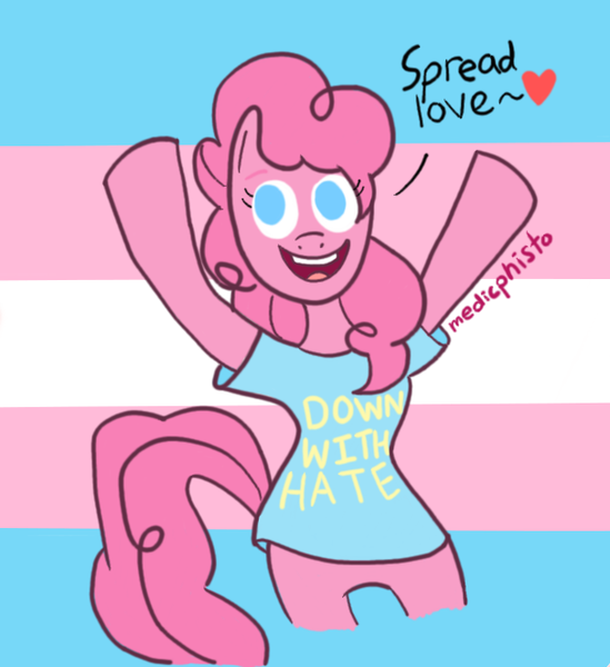 Size: 606x662 | Tagged: artist:kazotsky-kicks, clothes, derpibooru import, pinkie pie, pride, pride flag, safe, semi-anthro, shirt, solo, transgender, transgender pride flag