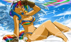 Size: 1024x612 | Tagged: 2015, artist:shonuff44, belly button, bikini, breasts, busty rainbow dash, cleavage, clothes, commission, derpibooru import, female, goggles, human, humanized, midriff, rainbow dash, sexy, signature, solo, solo female, spitfire, suggestive, swimsuit, tailed humanization, wet, winged humanization