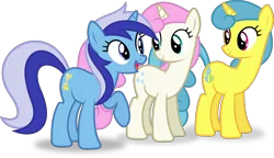 Size: 8976x5186 | Tagged: absurd resolution, amending fences, artist:8-notes, background pony, derpibooru import, lemon hearts, minuette, open mouth, ponyscape, raised hoof, safe, simple background, .svg available, transparent background, twinkleshine, vector